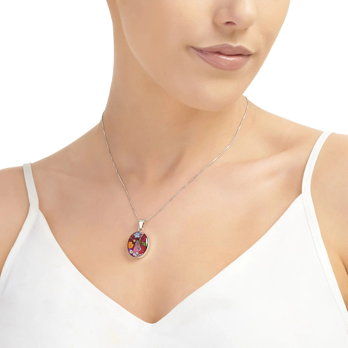 Mixed Flower Oval Pendant Necklace