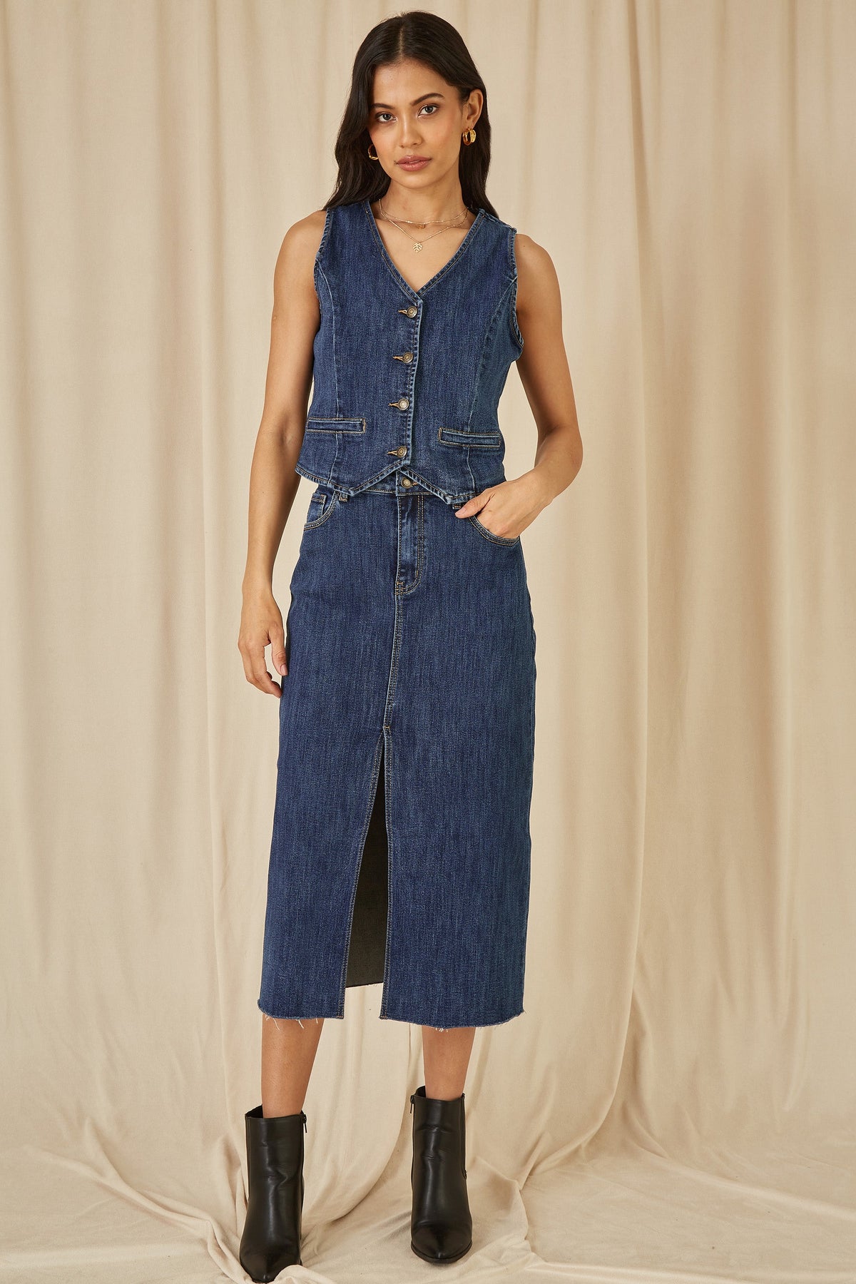 Yumi Blue Denim Stretch Fitted Midi Skirt With Front Split