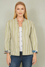 Yumi White Patchwork Print Reversible Cotton Quilted Jacket
