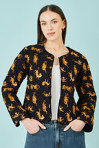 Yumi Black Velvet Quilted Jacket With Reversible Leopard Lining
