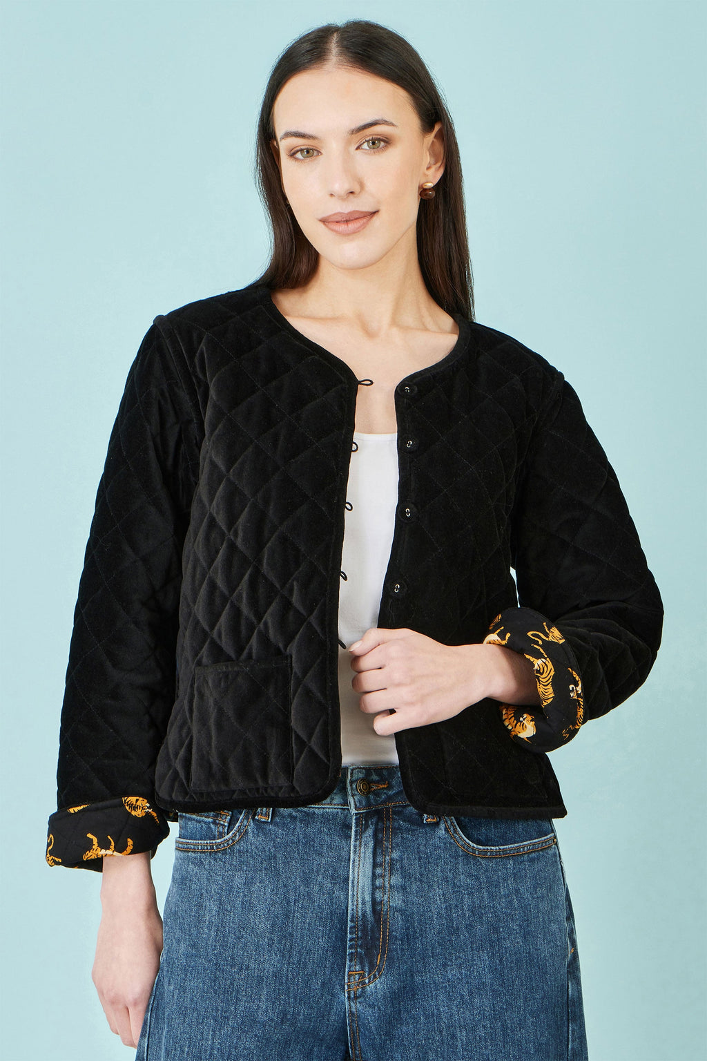 Yumi Black Velvet Quilted Jacket With Reversible Leopard Lining