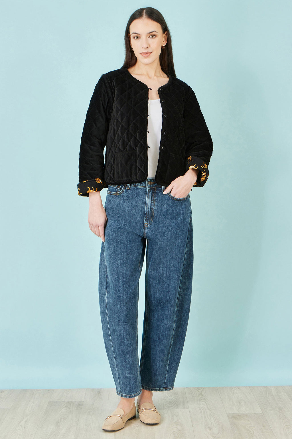Yumi Black Velvet Quilted Jacket With Reversible Leopard Lining