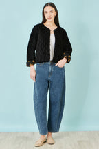 Yumi Black Velvet Quilted Jacket With Reversible Leopard Lining