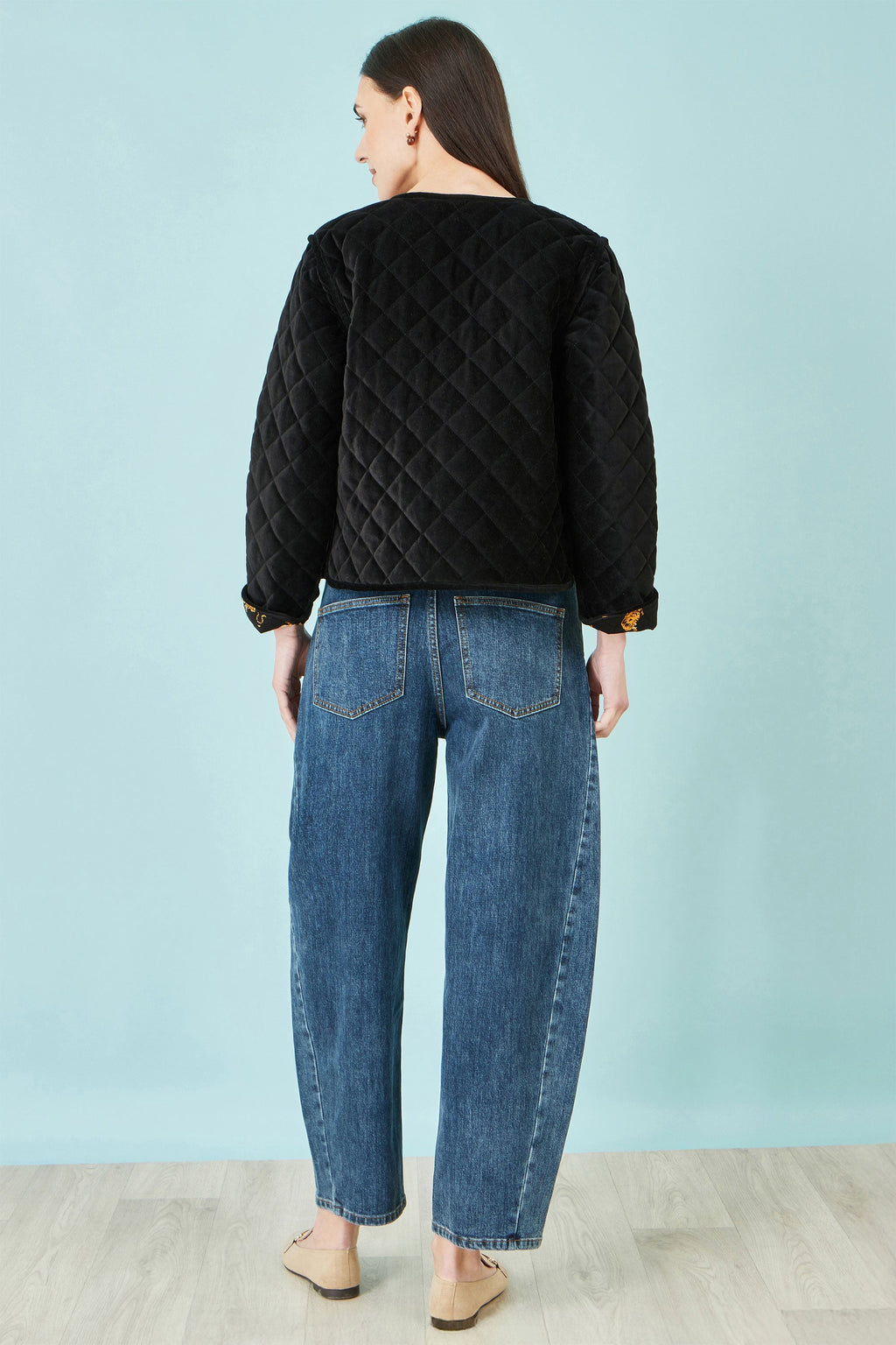Yumi Black Velvet Quilted Jacket With Reversible Leopard Lining