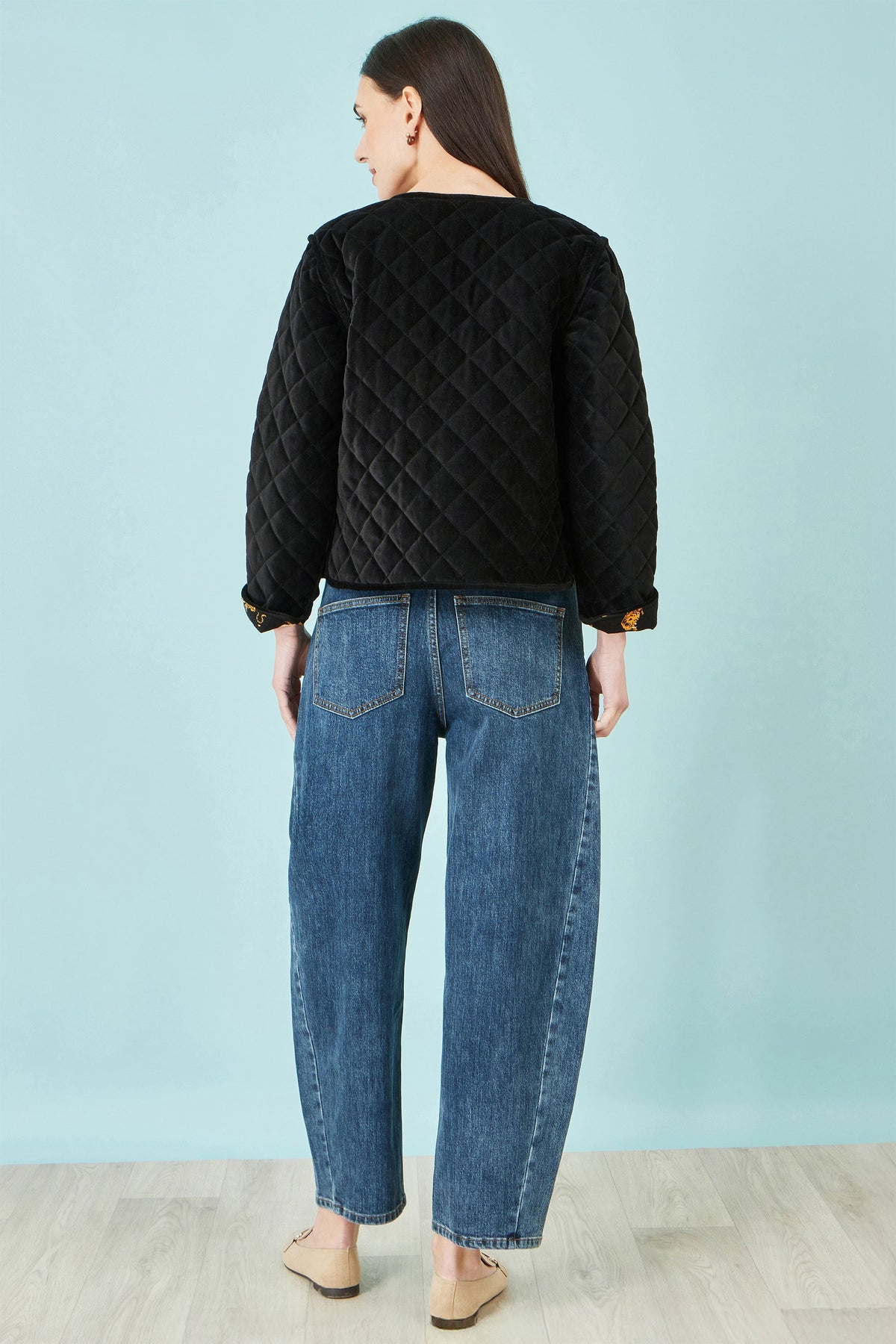 Yumi Black Velvet Quilted Jacket With Reversible Leopard Lining