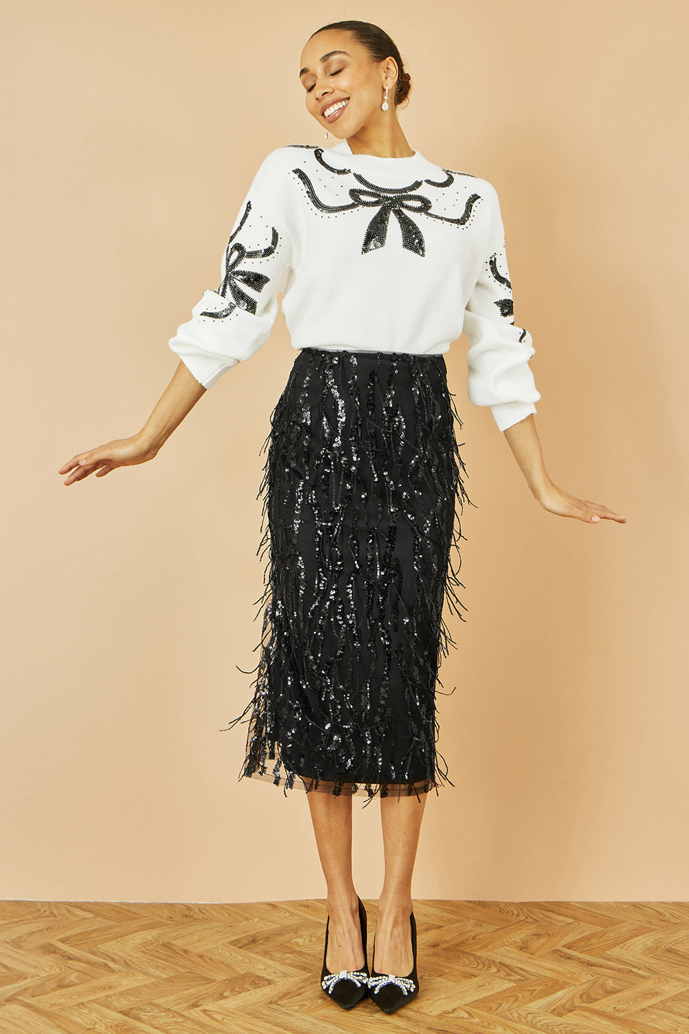 Yumi Black Hanging Sequin Fitted Midi Skirt