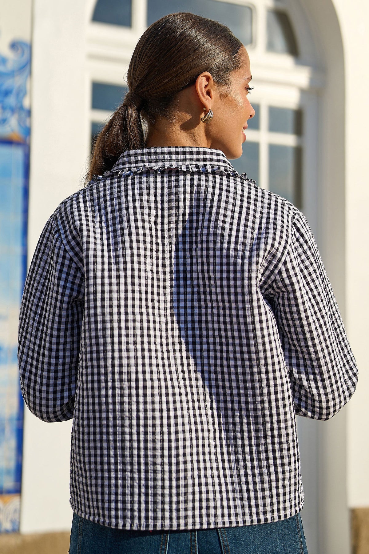 Yumi Black Gingham Frill Collar Jacket
