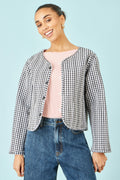 Yumi White Gingham Reversible Cotton Quilted Cropped Jacket