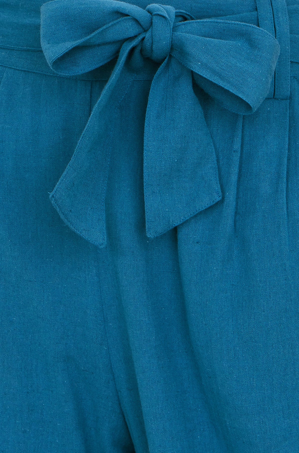 Yumi Teal Linen Mix Cropped Trousers With Tie Belt