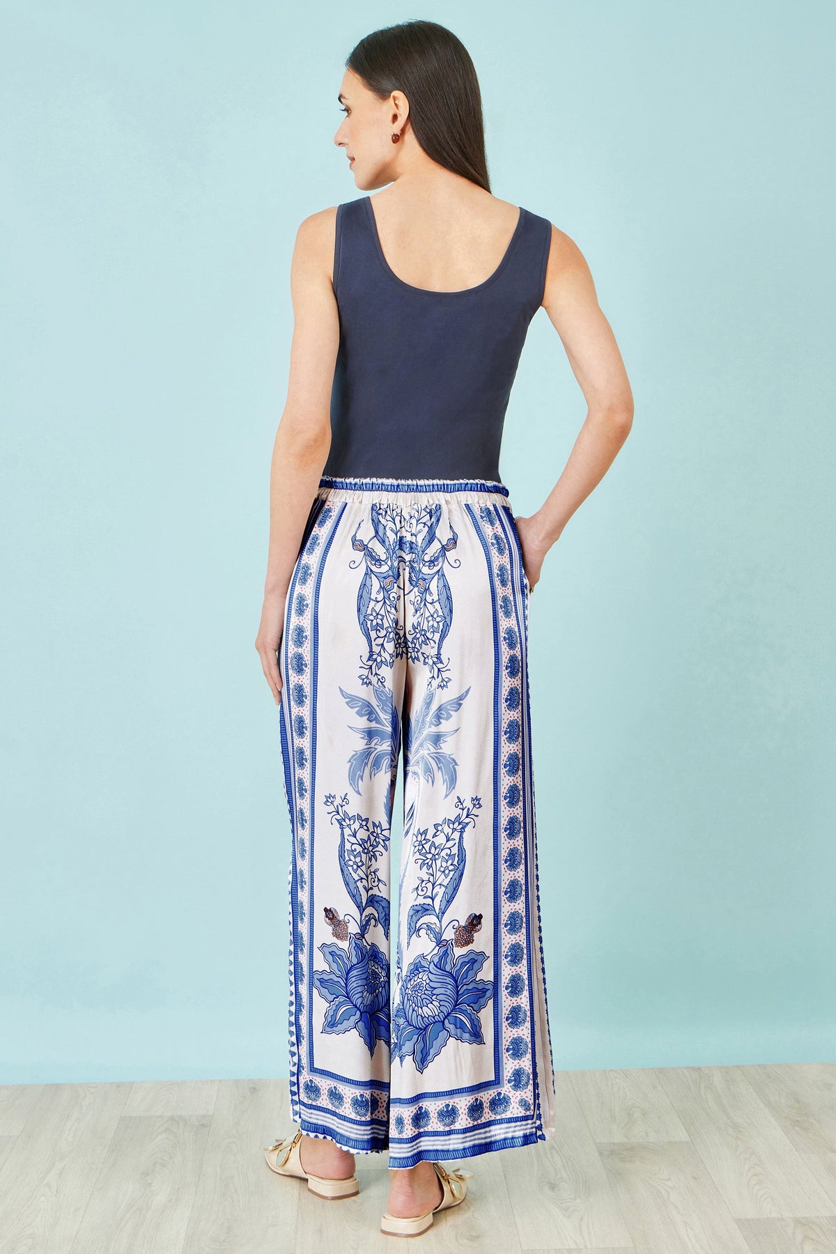Yumi Blue Satin Print Placement Relaxed Trousers