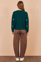 Yumi Green Daisy Embroidered Relaxed Jumper