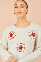 Yumi Ivory Patch Floral Embroidered Relaxed Jumper