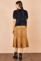 Brown Faux Suede Midi Skirt