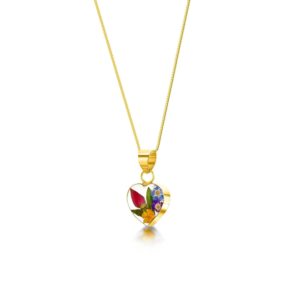 Mixed Flower Small Heart Pendant Necklace - Gold plated Silver