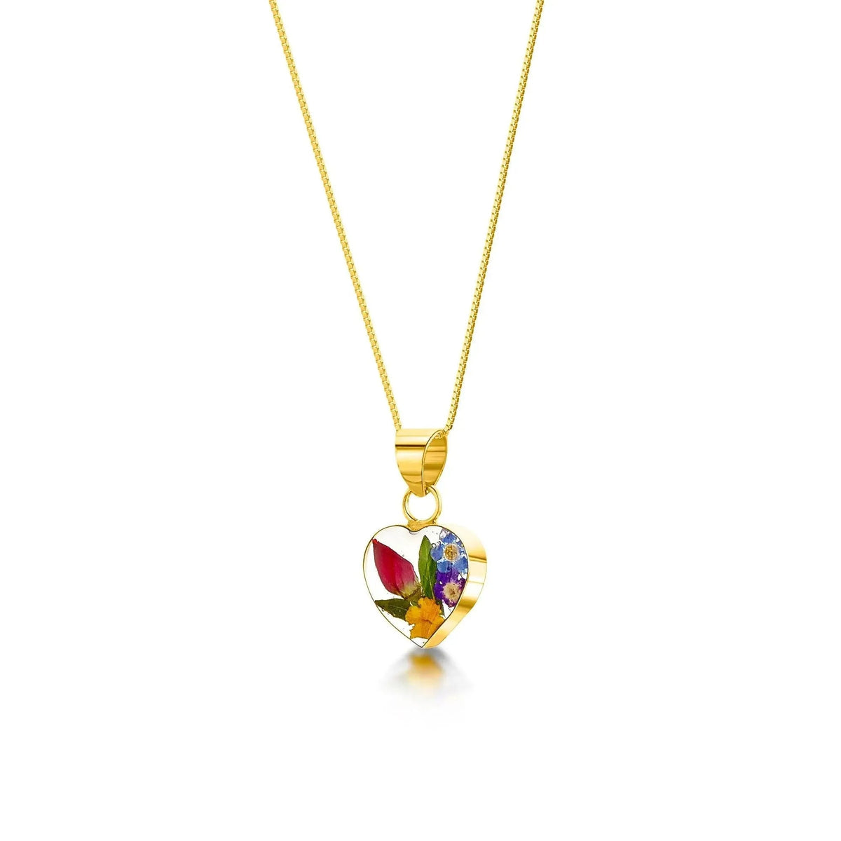 Mixed Flower Small Heart Pendant Necklace - Gold plated Silver