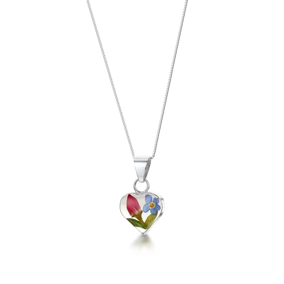 Forget me not & Miniature Rose Heart Pendant Necklace