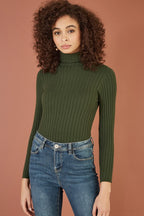 Yumi Green Ribbed Knit Roll Neck Jumper