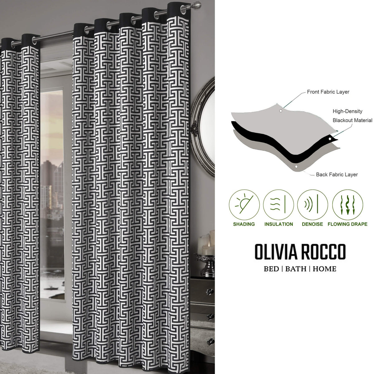 OLIVIA ROCCO Milano Geometric Blackout Curtains Thermal Insulated Eyelet Pair Pencil Pleat