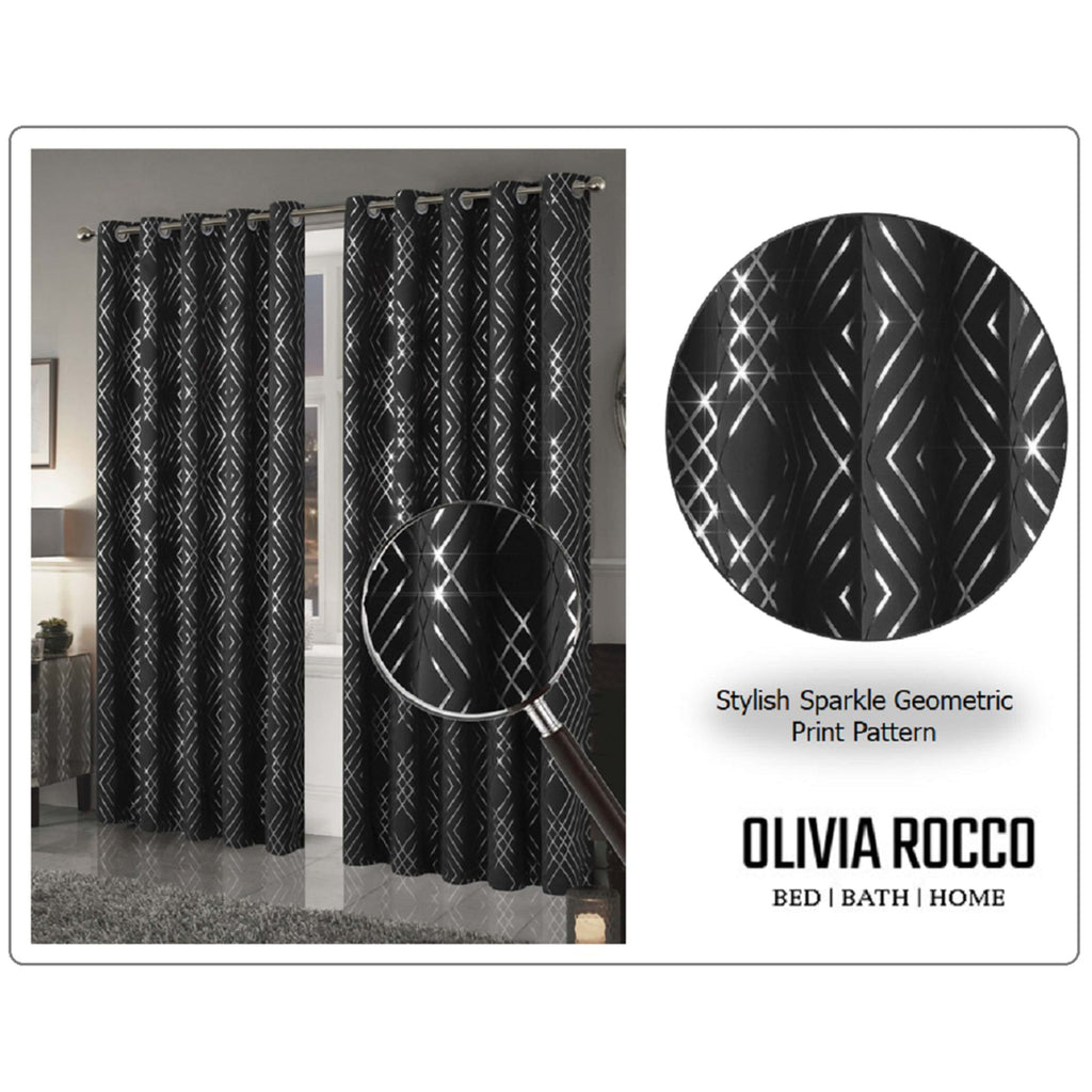 OLIVIA ROCCO Geometric Sparkle Blackout Curtains Black Thermal Insulated Eyelet Ring Top