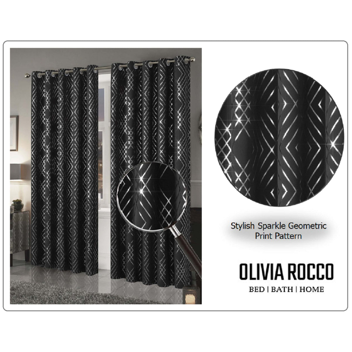 OLIVIA ROCCO Geometric Sparkle Blackout Curtains Black Thermal Insulated Eyelet Ring Top