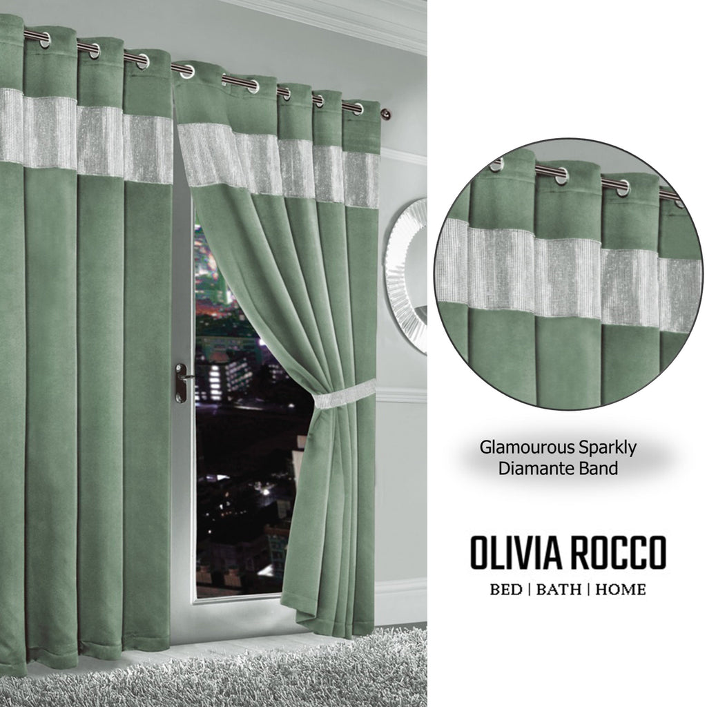 OLIVIA ROCCO Diamante Sage Green Blackout Eyelet Curtains With Tie Backs Thermal Ring Top
