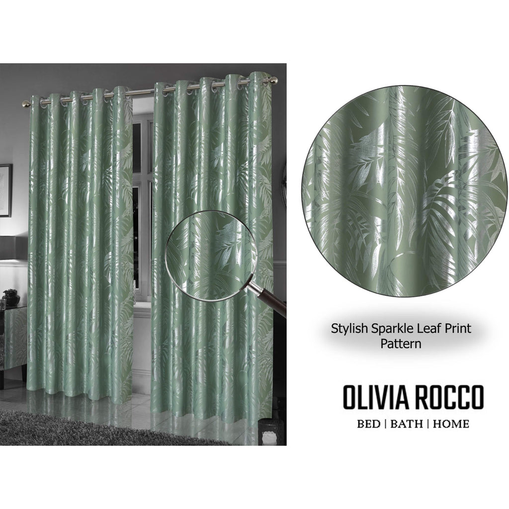OLIVIA ROCCO Leaf Sage Green Sparkle Blackout Curtains With Thermal Insulation Eyelet