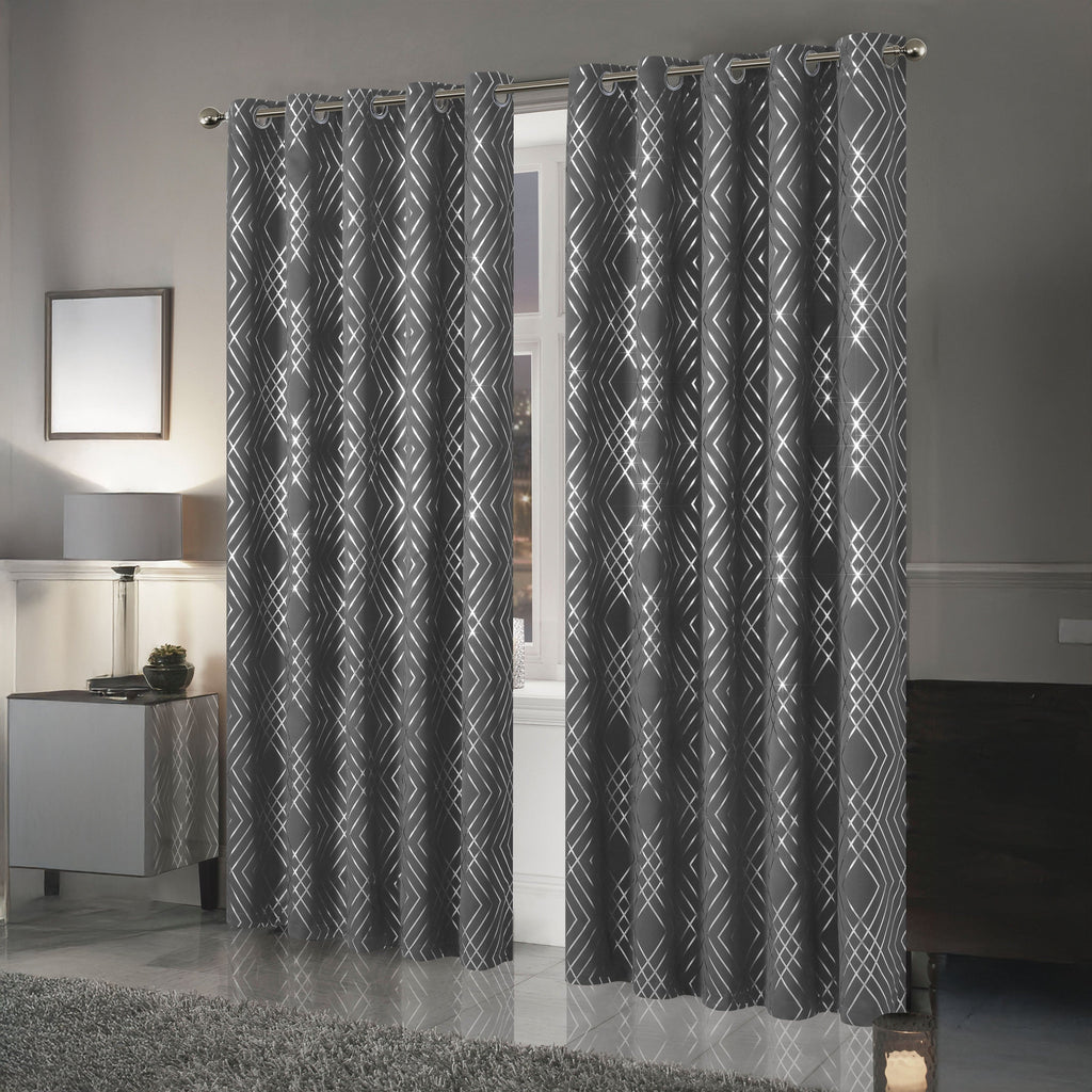 OLIVIA ROCCO Geometric Sparkle Blackout Curtains Silver Eyelet Ring Top Soft Thermal