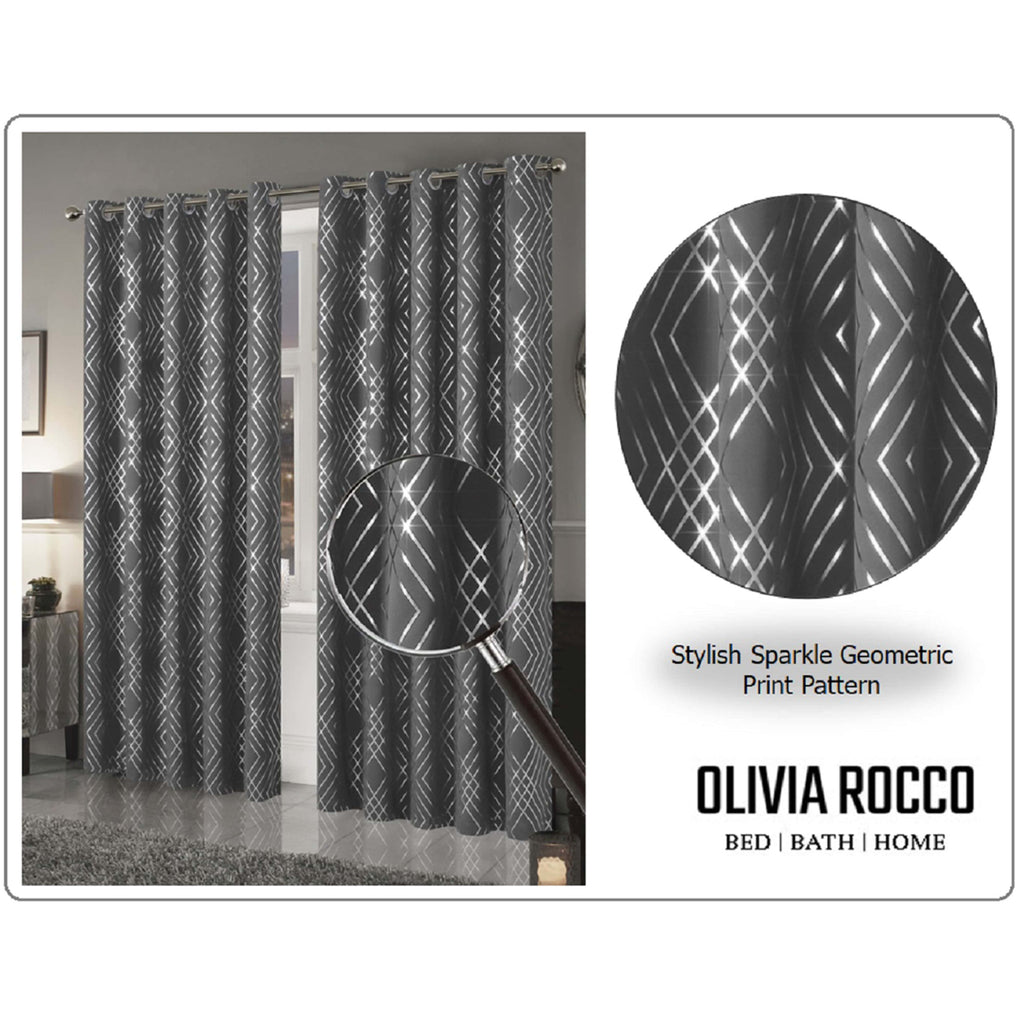 OLIVIA ROCCO Geometric Sparkle Blackout Curtains Silver Eyelet Ring Top Soft Thermal