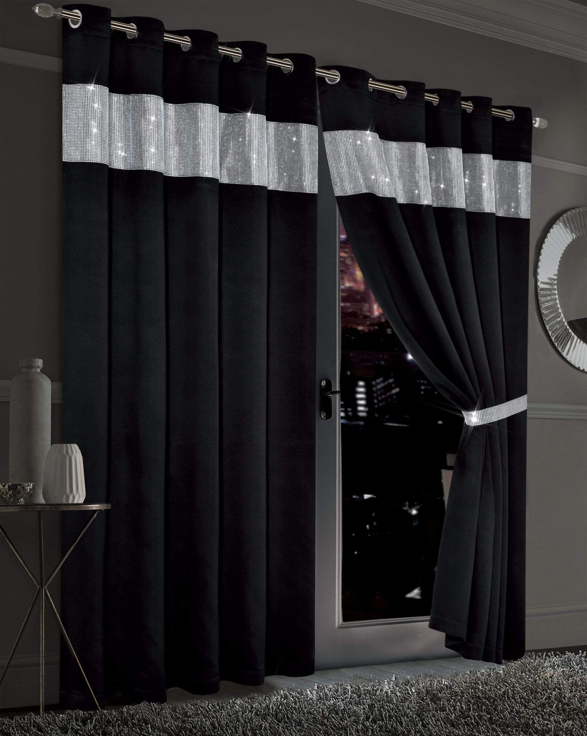 OLIVIA ROCCO Diamante Blackout Curtains With Glitz Detailing Eyelet Ring Top Sold As Pair