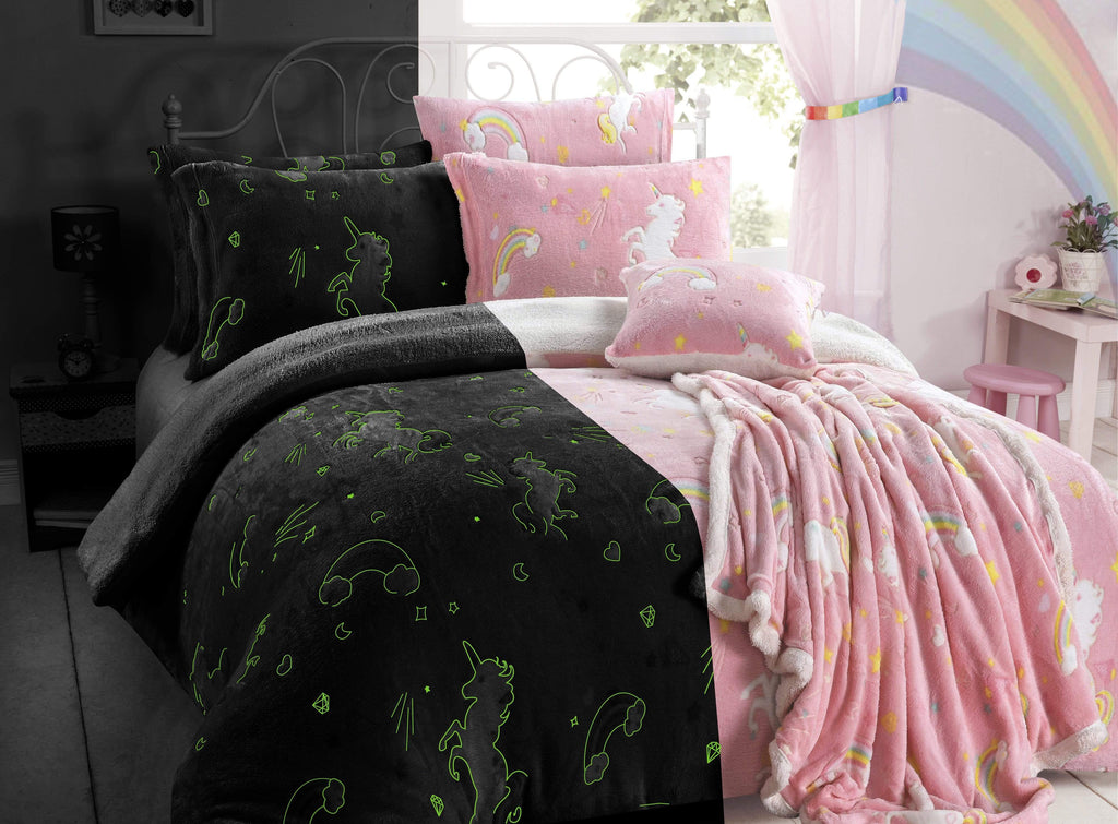 OLIVIA ROCCO Rainbow Unicorn Glow In The Dark Teddy Fleece Duvet Set For Kids Super Soft