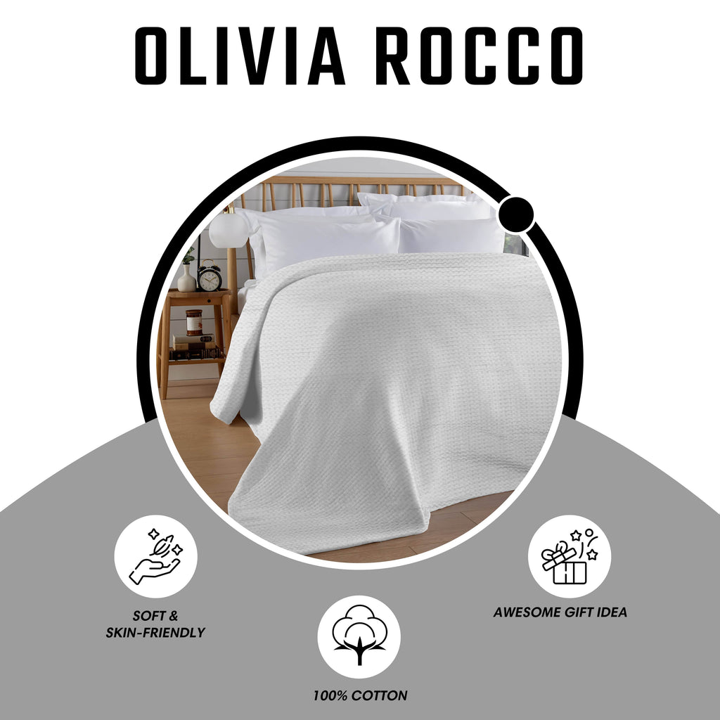 OLIVIA ROCCO Florian Checked Throw Blanket White 100% Cotton Bedspread For Sofa And Bed