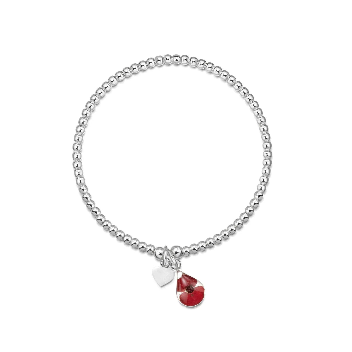 Poppy Stretch Silver Beaded Bracelet Teardrop Charm