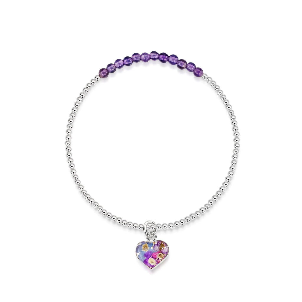 Purple Haze Amethyst Heart Stretch Silver Beaded Bracelet