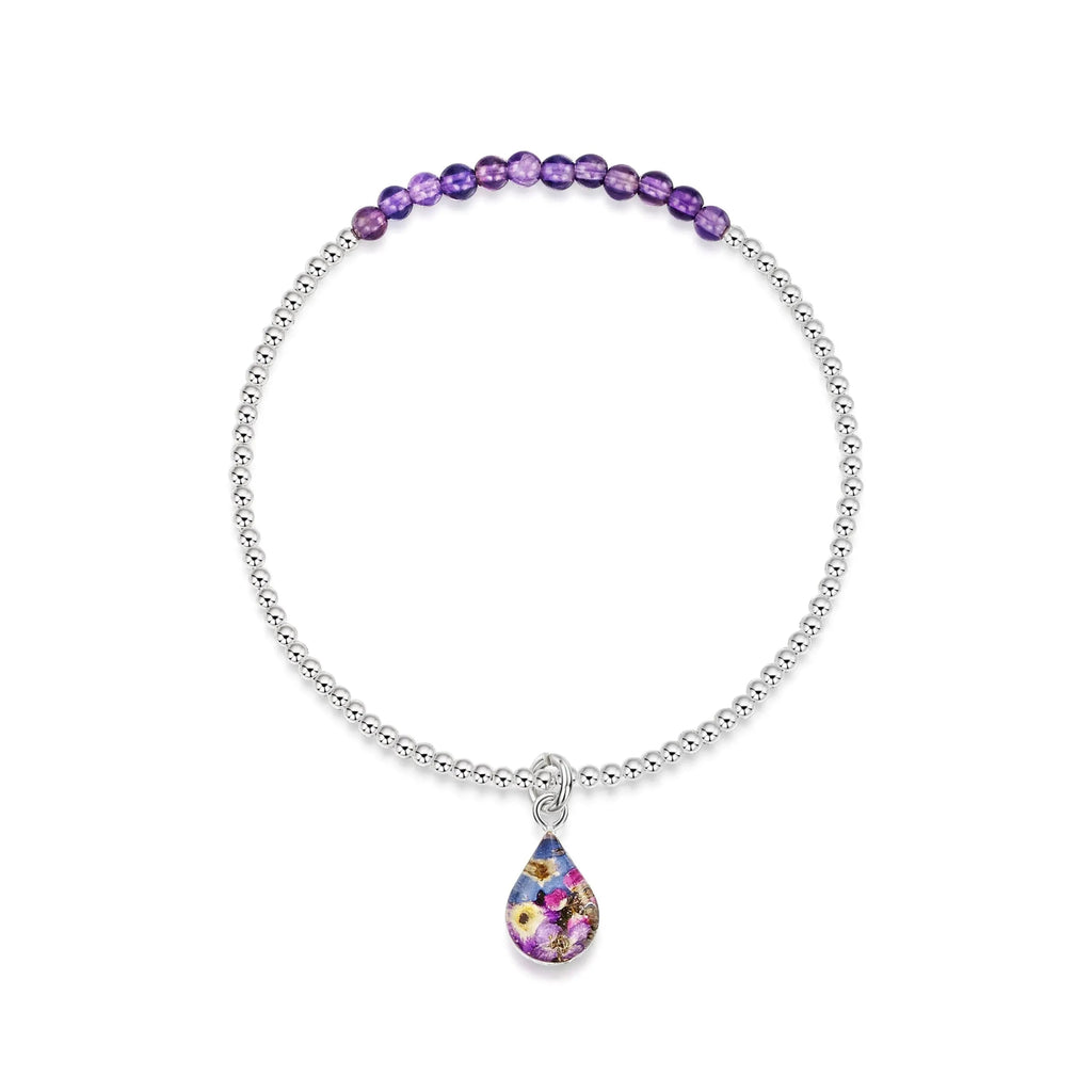 Purple Haze Amethyst Teardrop Stretch Silver Beaded Bracelet