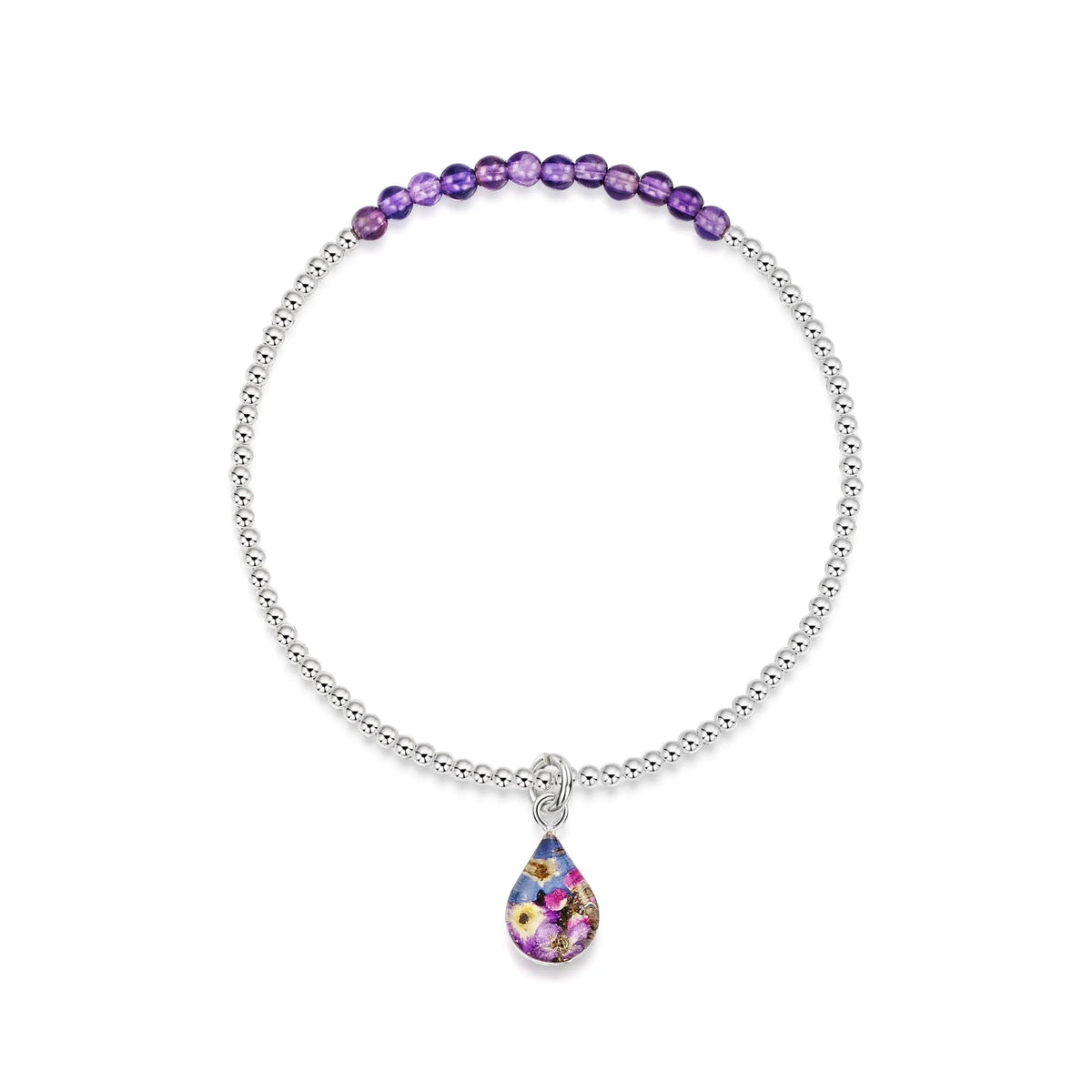 Purple Haze Amethyst Teardrop Stretch Silver Beaded Bracelet